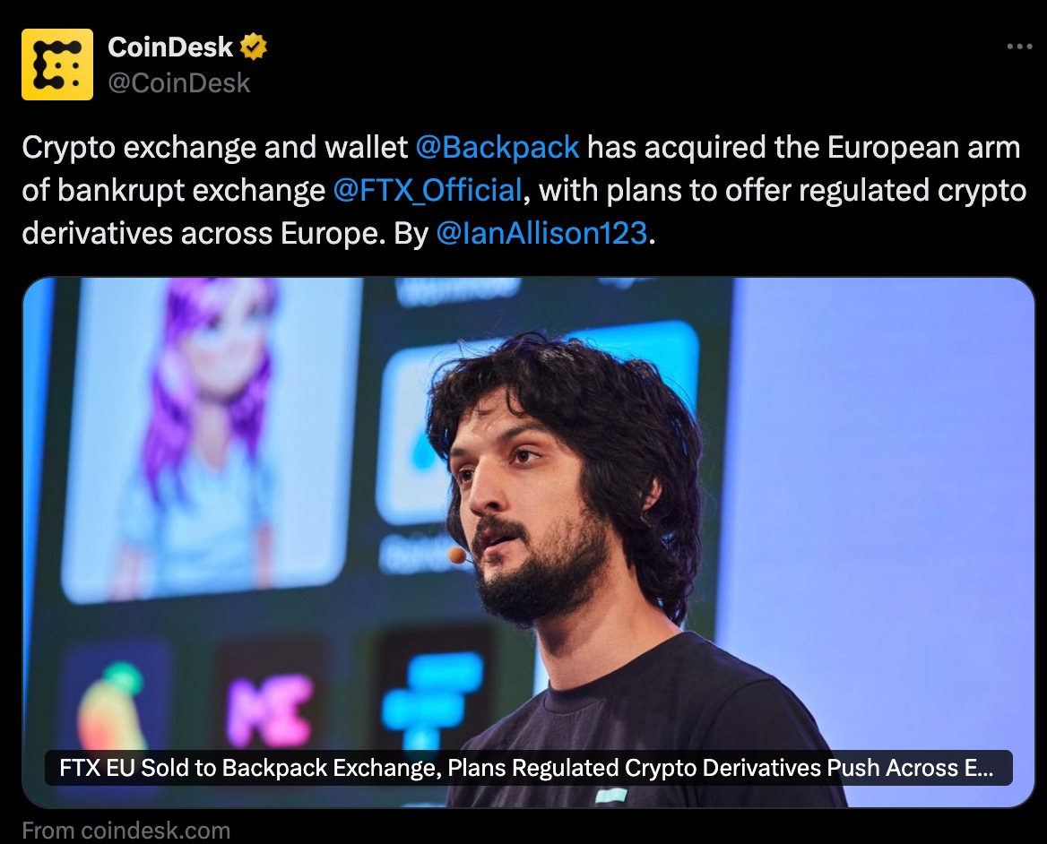 Backpack Exchange Acquires FTX EU for $32.7 Million, Plans Regulated Crypto  Derivatives in Europe by Q1 2025 - 
