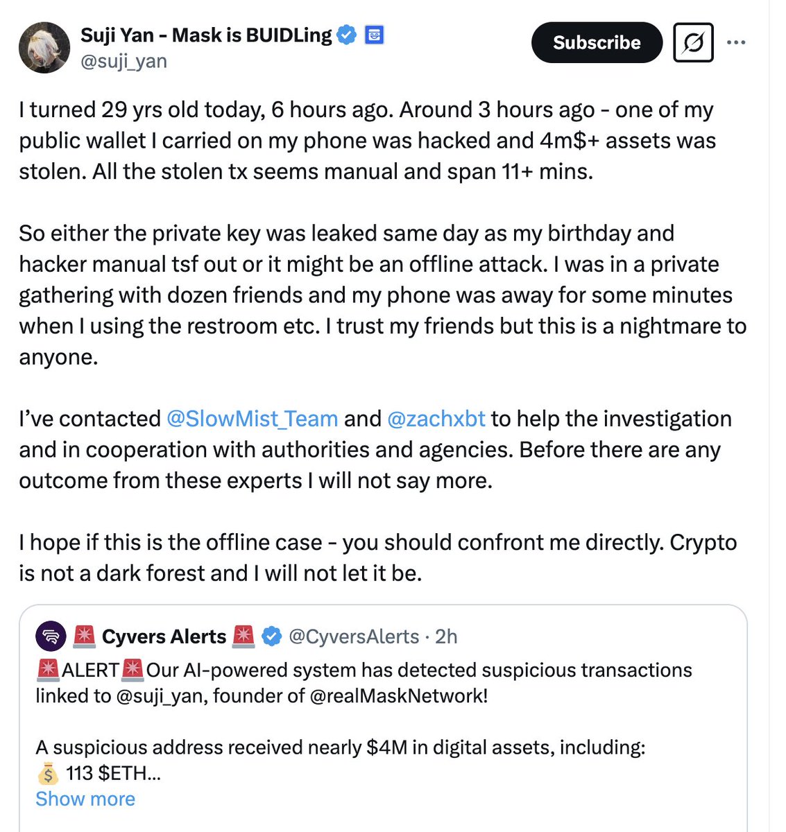 Mask Network Founder Suji Yan Hacked for $4M in Crypto During Birthday,  Funds Converted to ETH and Split - 