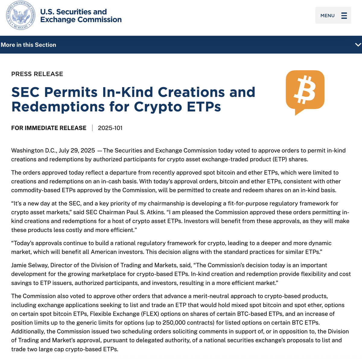 SEC Approves In-Kind Creation and Redemption for Bitcoin, Ether ETFs