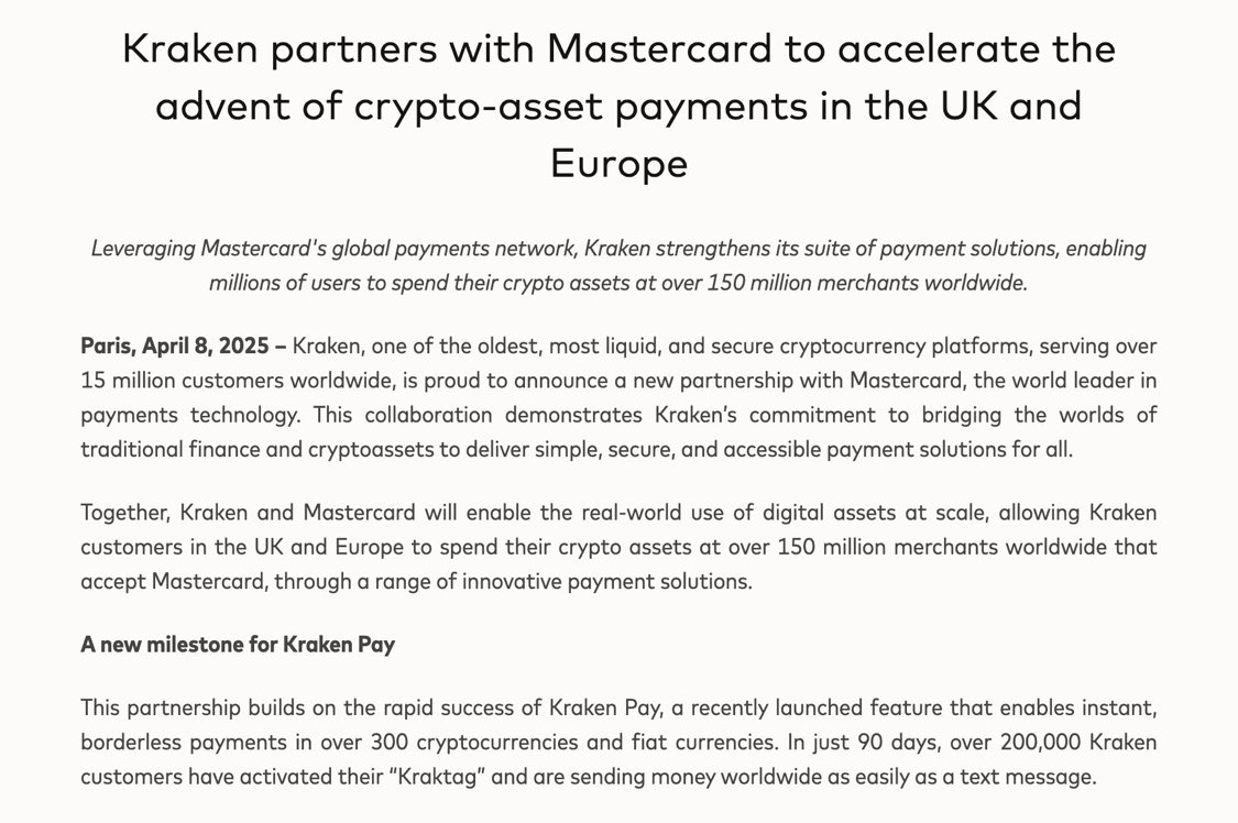 Mastercard Partners With Kraken to Enable Bitcoin Payments at 150 Million  Merchants in Europe - 