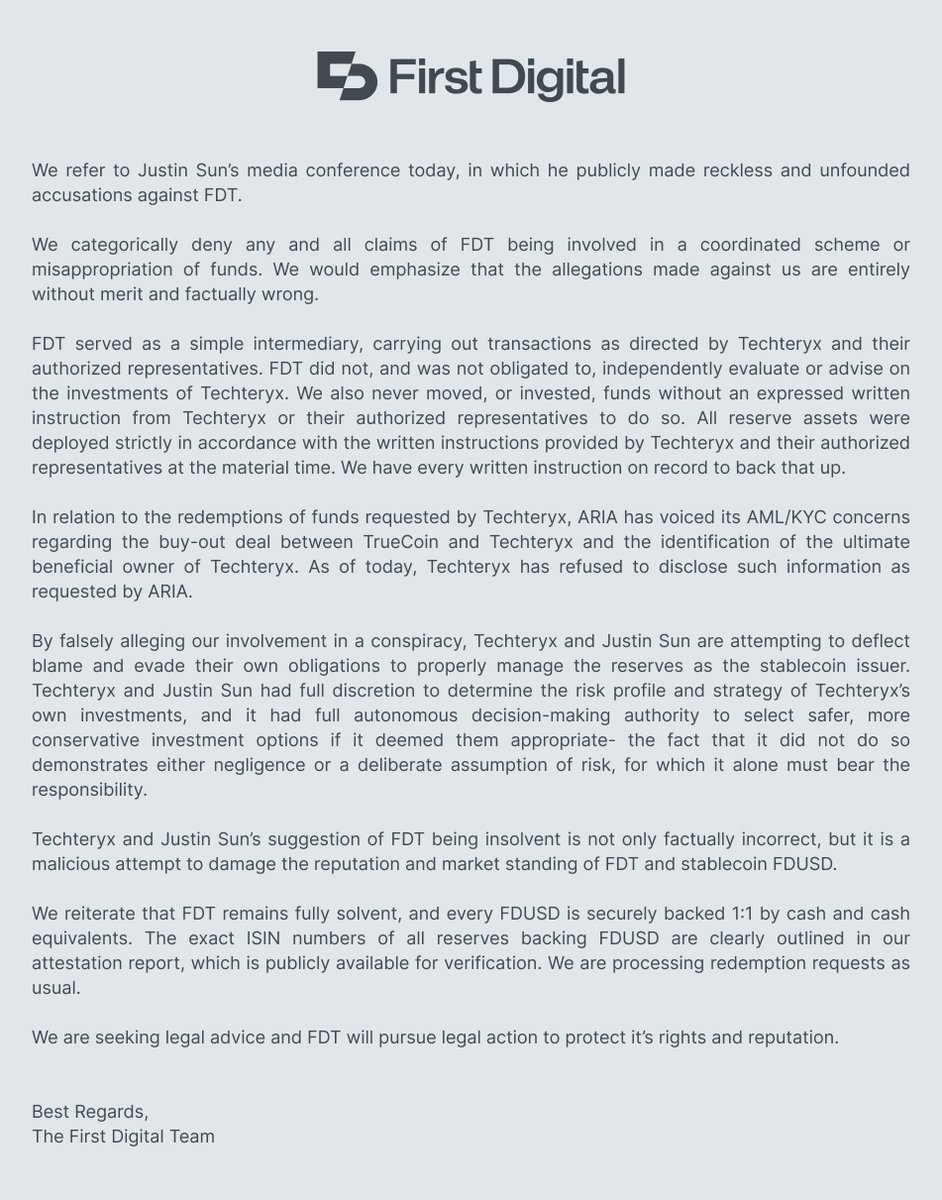 Justin Sun Accuses First Digital Trust of $500M Misappropriation, Prompting  FDUSD Depeg and TUSD Bailout - 