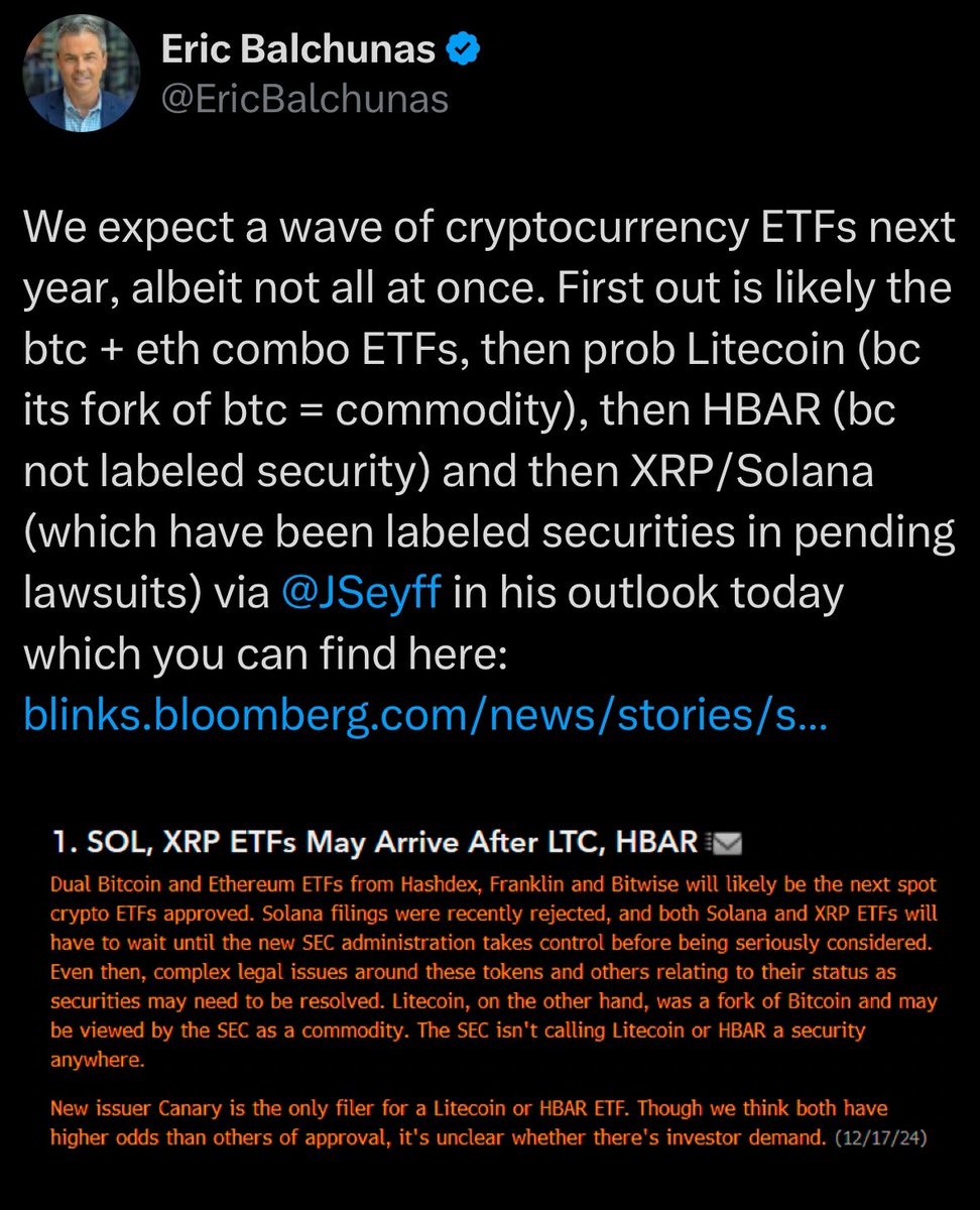 Bloomberg Analyst Predicts 2024 Wave of Crypto ETFs Starting with BTC, ETH,  Litecoin, HBAR, XRP, and Solana - 