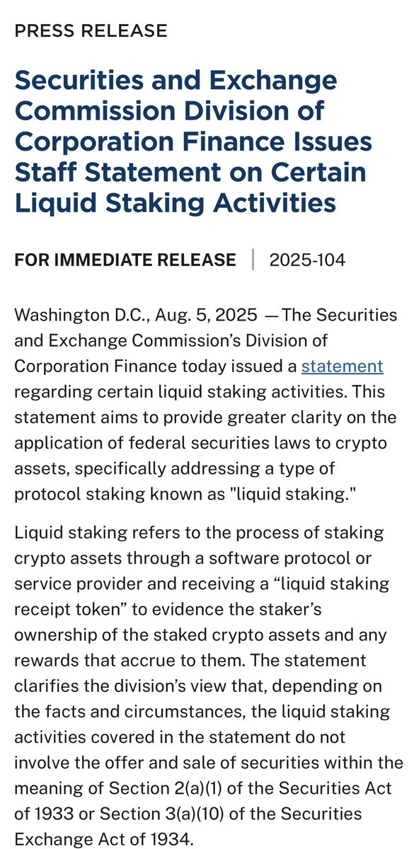 SEC Says Liquid Staking Tokens Are Not Securities
