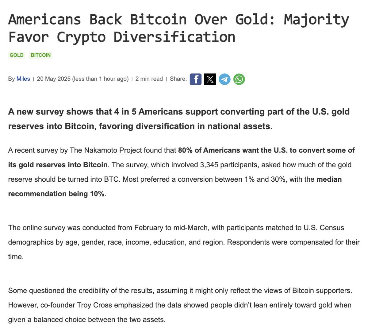 80% of Americans Support 10% Conversion of U.S. Gold Reserves to Bitcoin,  Driven by Younger Demographics - 