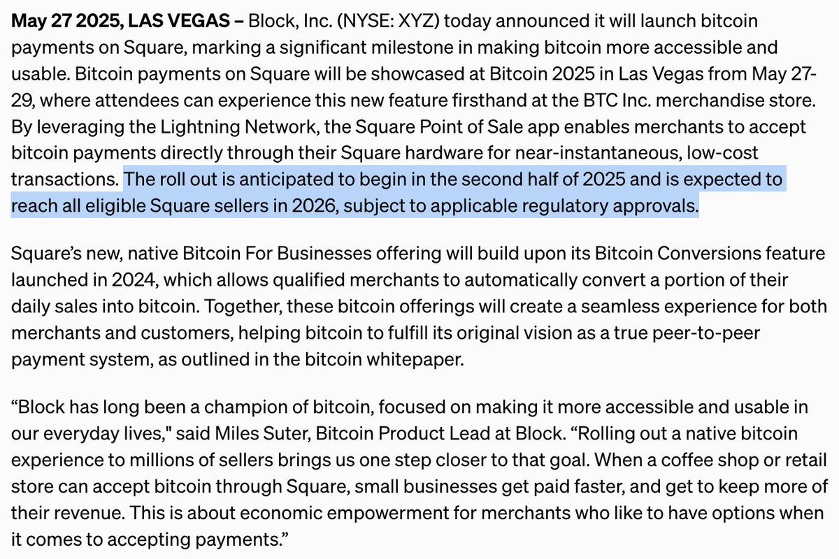 Block ($XYZ) to Launch Bitcoin Lightning Payments on All Square Terminals  by 2026, Pilots Begin in Las Vegas - 