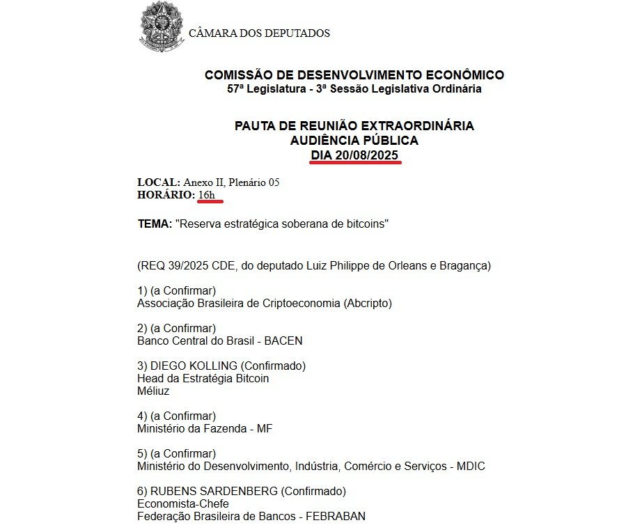 Brazil Parliament Sets Aug. 20 Hearing on National Bitcoin Reserve