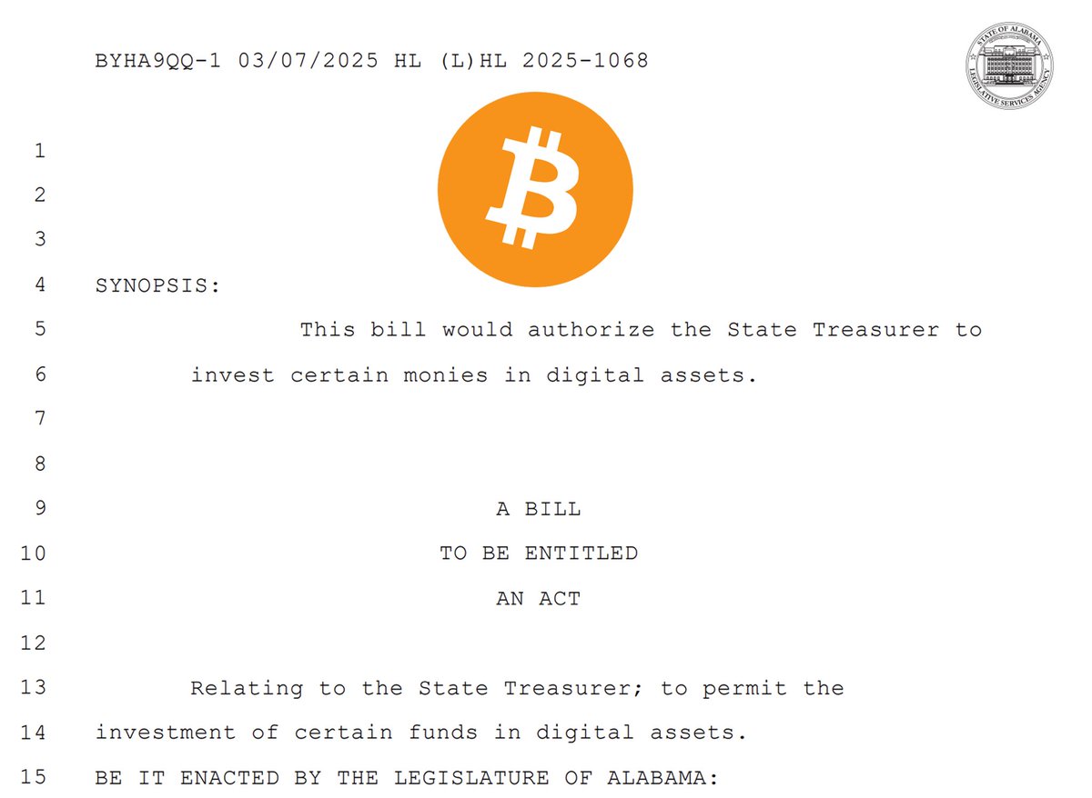 Alabama Passes 2nd Strategic Bitcoin Reserve Bill Allowing State Investment  Board to Buy Bitcoin and Cryptocurrencies on April 2, 2025 - 