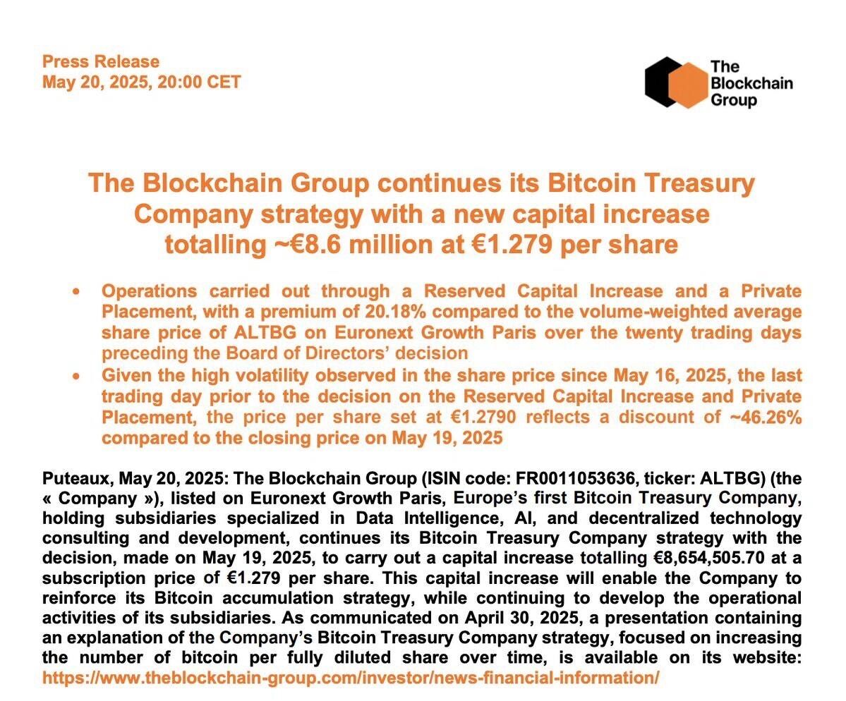 French Firm The Blockchain Group Raises €8.6 Million at 46% Discount to  Boost Bitcoin Accumulation - 