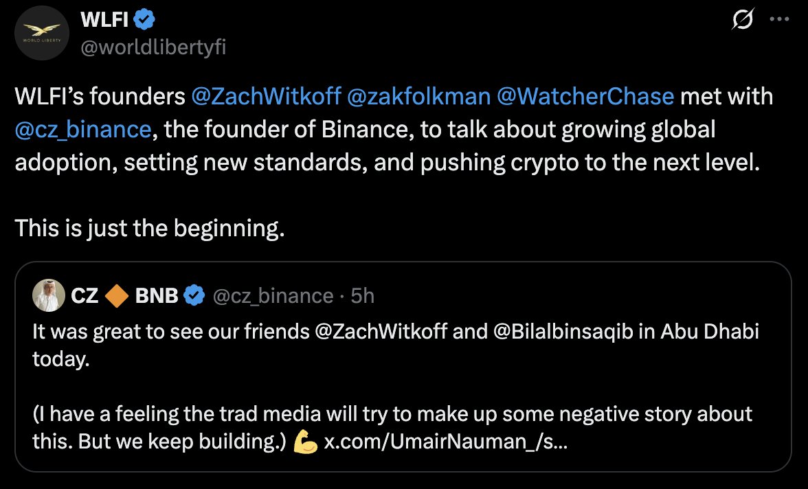 WLFI Founders Meet Binance CEO CZ in Abu Dhabi to Discuss Global Crypto  Adoption, $25M DWF Labs Investment, and New Partnerships - 