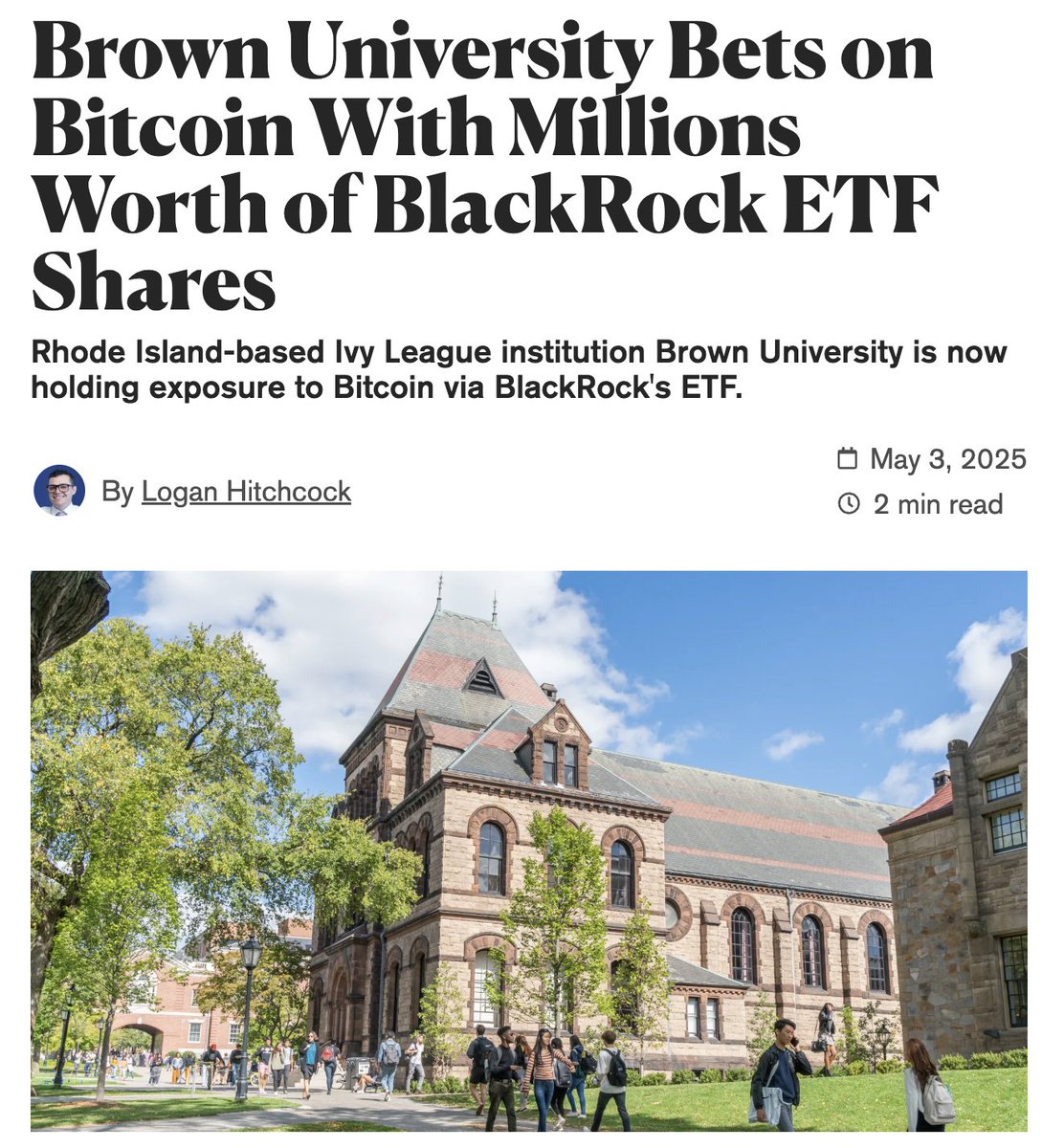 Ivy League Brown University With $7.2 Billion Endowment Discloses $4.9  Million BlackRock Bitcoin ETF Investment - 