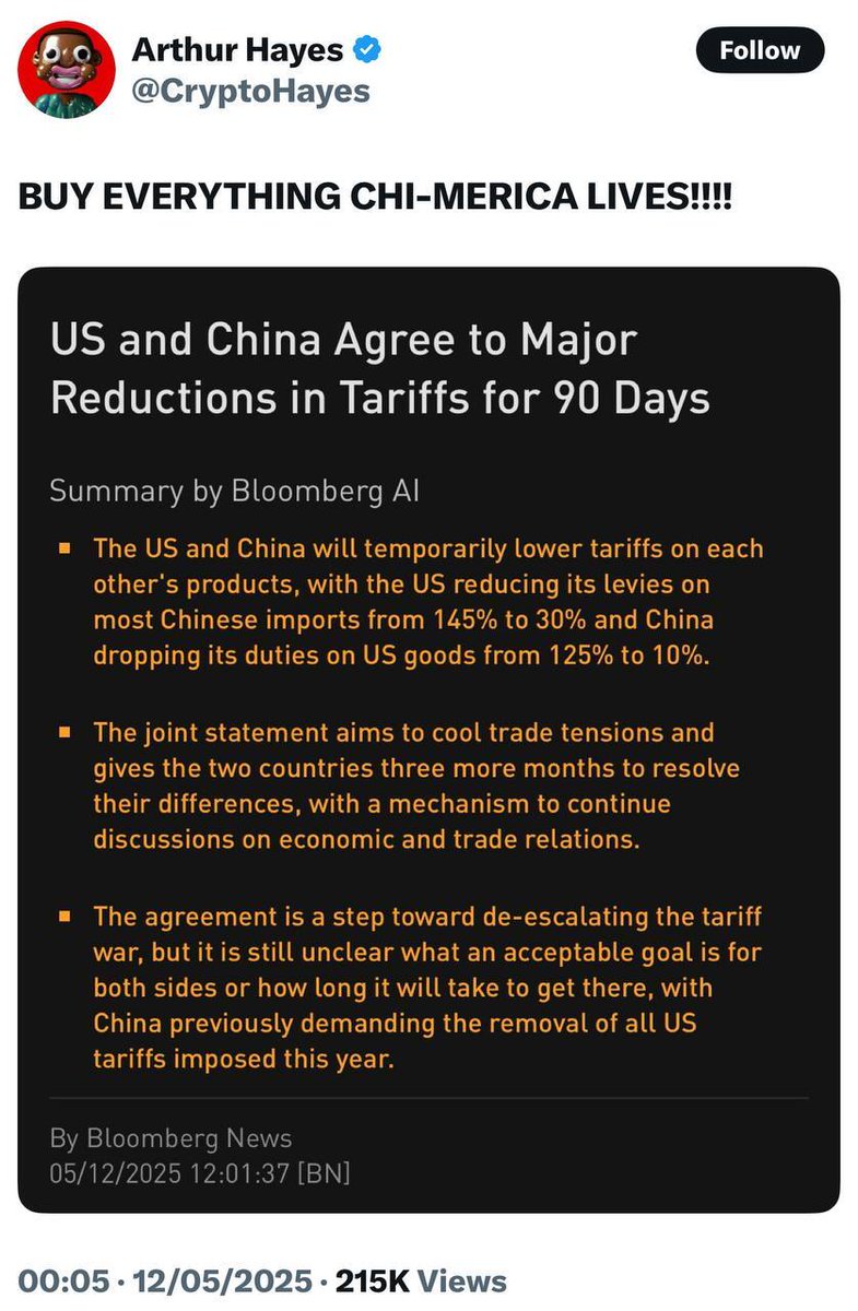 Arthur Hayes Urges Investors to Buy Everything as US-China Trade War Eases  and Bitcoin Surpasses $104,000 - 